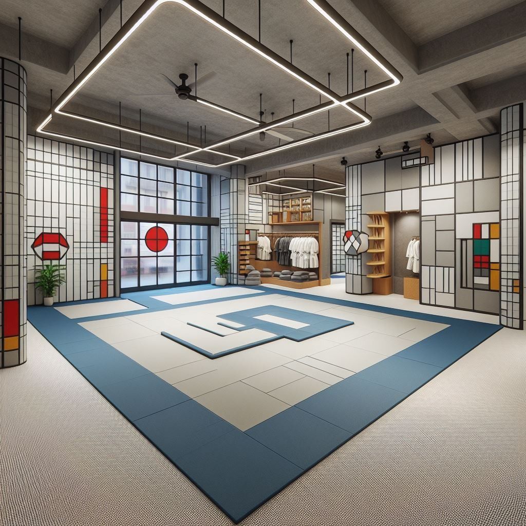 Interior da academia Focus: tatame amplo, iluminação moderna e loja oficial